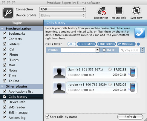 SyncMate Screen Shot: Call History