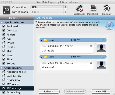 SyncMate Screen Shot: SMS Manager